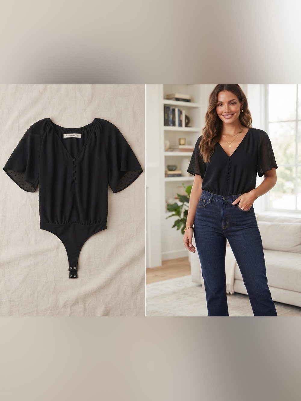$59 Abercrombie and Fitch Black Flutter Sleeve Swiss Dot Button Bodysuit XS